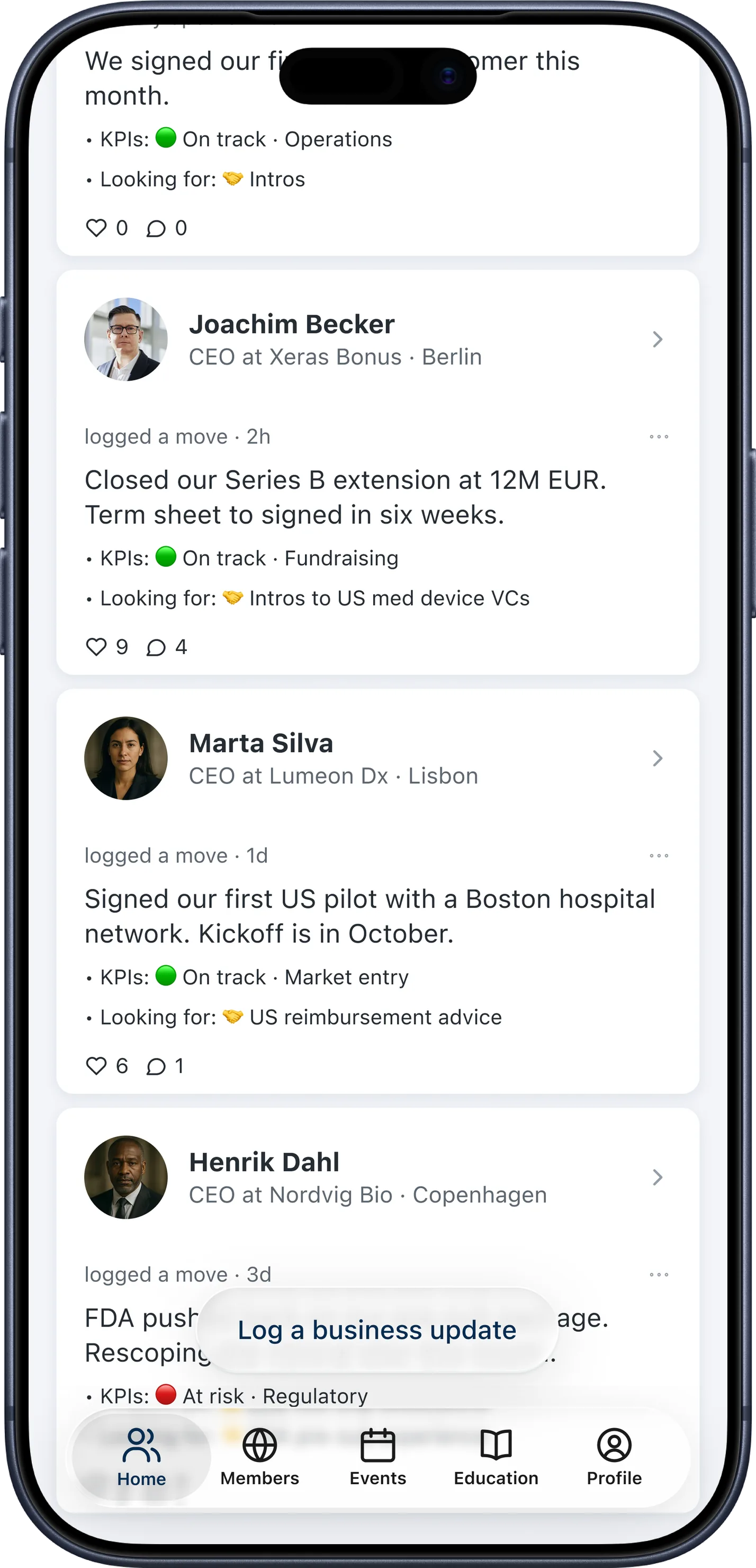 CEO XB cohort feed of posted updates showing each peer’s win, KPI status, and what they’re looking for